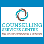 Counselling Services Centre logo with swirling circular shapes in brown, and blue above text reading “COUNSELLING SERVICES CENTRE” and smaller Māori text underneath on a white background.