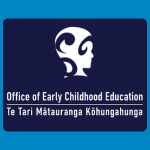 Office of Early Childhood Education logo, featuring a white side-profile silhouette of a child’s head with koru-like details above the words “Office of Early Childhood Education” and “Te Tari Mātauranga Kōhungahunga” in white, on a dark blue background.