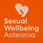 Sexual Wellbeing Aotearoa logo with light text reading “Sexual Wellbeing Aotearoa” on an orange background.