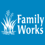 Family Works logo with white reed-like plants beside white text reading “Family Works” on a blue background.