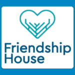 Friendship House logo with teal coloured hands forming a heart outline above blue text reading “Friendship House” on a white background.