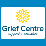 Grief Centre logo with a yellow flower above blue text reading “Grief Centre” and smaller blue script text reading “support + education” on a white background.
