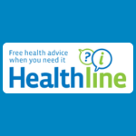 Healthline logo with small light blue text reading “Free health advice when you need it” above large blue and green text reading “Healthline,” with two speech bubbles containing a question mark and exclamation mark on a white background.