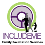 Logo for IncludeMe Family Facilitation Services, with a purple and green circular icon containing three stylised people, above the words “INCLUDEME” and “Family Facilitation Services.”
