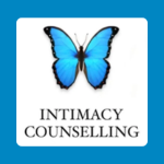 Intimacy Counselling logo, featuring a blue butterfly with black-edged wings above the words “INTIMACY COUNSELLING” in black serif lettering, on a white background.
