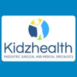 Kidzhealth logo, featuring a blue, green and yellow circular emblem containing an abstract human figure, beside the name “Kidzhealth” in blue and green, with “Paediatric Surgical and Medical Specialists” underneath, on a white background.