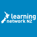 Learning Network NZ logo with white text reading “learning network NZ” and a white country of NZ shape silhouette on a blue background.