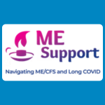 ME Support logo, featuring a purple lantern with a flame beside the organisation’s name in purple, with the words “Navigating ME/CFS and Long COVID” in blue underneath, on a white background.
