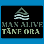Man Alive Tane Ora logo, featuring a stylised green mountain and layered wave design above the organisation’s name in green lettering, on a black background.
