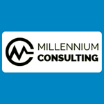 Millennium Consulting logo, featuring a black circular monogram-style symbol beside the words “MILLENNIUM CONSULTING” in black capital lettering, on a white background.