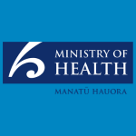 Ministry of Health logo with a white koru-like graphic and white bilingual text reading “MINISTRY OF HEALTH MANATŪ HAUORA” on a blue background.