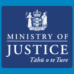 Ministry of Justice logo with the New Zealand coat of arms above white bilingual text reading “MINISTRY OF JUSTICE Tāhū o te Ture” on a blue background.