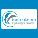 Munira Haidermota Psychological Services logo, featuring overlapping blue profile silhouettes of two faces inside a curved circular outline, beside the practice name in blue and grey, on a white background.