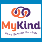 MyKind logo with orange and purple text reading “MyKind” beneath a purple and orange linked circles, with smaller purple text reading “Where life meets like minds” on a white background.