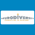 Neurodiversity Counselling in Auckland logo, featuring “NEURODIVERSITY” in widely spaced grey and blue capital letters with a small gold circular symbol above, and “COUNSELLING IN AUCKLAND” in gold underneath, on a white background.