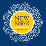 New Beginnings Therapy logo, featuring a detailed white mandala pattern surrounding a yellow circle containing the words “NEW BEGINNINGS THERAPY” and “PHIL WALKER,” on a dark blue background.