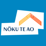 Nōku Te Ao logo with a stylised orange linework roof or shelter shape above dark blue text reading “NŌKU TE AO” on overlapping white panels.