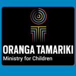 Oranga Tamariki logo with multicoloured letter 'O' and 'T' above white text reading “ORANGA TAMARIKI” and smaller text reading “Ministry for Children” on a black background.