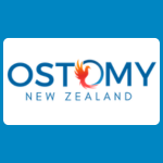 Ostomy New Zealand logo, featuring the word “OSTOMY” in blue capital letters, with a red-and-orange phoenix figure inside the second “O,” and “New Zealand” in light blue underneath, on a white background.