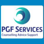 PGF Services logo with a teal and blue circular swirl above blue text reading “PGF SERVICES” and smaller text reading “Counselling Advice Support” on a white background.
