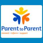 Parent to Parent logo with yellow, orange, and blue human figures above blue text reading “Parent to Parent” and smaller orange text reading “connect · inform · support” on a white background.