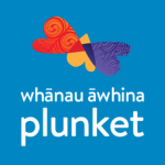 Whānau Āwhina Plunket logo with an orange and purple butterfly-like motif above white text reading “whānau āwhina plunket” on a blue background.