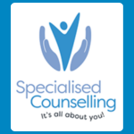 Specialised Counselling logo, featuring an abstract blue person with raised arms framed by two pale blue hand-like shapes, above the practice name in blue and the tagline “It’s all about you” in dark grey, on a white background.