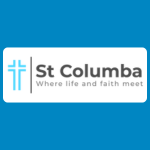 St Columba logo, featuring a light blue cross symbol beside a grey vertical line and the organisation’s name in dark grey, with the tagline “Where life and faith meet” underneath, on a white background.