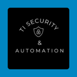 TI Security & Automation logo with curved white text reading “TI SECURITY & AUTOMATION” around a small shield icon on a black background.