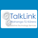 TalkLink logo with white text reading “TALKLINK” and smaller text reading “linking you with the right assistive technology” with a grey spiral shape on the left, on a white background.