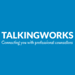 TalkingWorks logo with white text reading “TALKINGWORKS” and smaller text reading “Connecting you with professional counsellors” on a blue background.