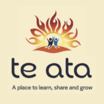 Te Ata logo, featuring a stylised orange and red rising-sun design with a small blue and white human figures at its centre, above the words “te ata” in dark lettering and the tagline “A place to learn, share and grow” underneath, on a pale cream background.