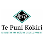 Te Puni Kōkiri logo with a black diamond shape outlined in teal, containing white koru patterns, above black text reading “Te Puni Kōkiri” and smaller green text reading “MINISTRY OF MĀORI DEVELOPMENT” on a white background.