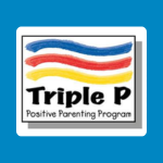 Triple P Positive Parenting Program logo with wavy red, blue, and yellow bands above black text reading “Triple P” and smaller text reading “Positive Parenting Program” on a white background.
