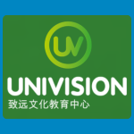 Univision logo, featuring a lime green circular symbol containing the letters “UV” above “UNIVISION” in large white capital letters, with Chinese characters underneath, on a green background.
