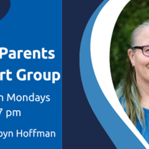 Disability Connect Zoom Parents Support Group flyer, held weekly on Mondays at 7 pm and hosted by Robyn Hoffman. Includes a portrait of Robyn smiling outdoors, wearing glasses and a blue top.