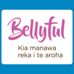 Bellyful logo with pink handwritten-style lettering and the words “Kia manawa reka i te aroha” in brown on a white background.