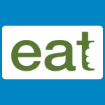 Eat logo in large green lowercase lettering, with the “t” having a bite missing from it, on a white background.