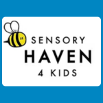 Sensory Haven 4 Kids logo, featuring a yellow and black cartoon bee with white wings beside the organisation’s name in widely spaced black lettering on a white background.