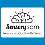 Sensory Sam logo, featuring a black line drawing of a brain with short radiating lines above the organisation’s name, with the tagline “Sensory products with Pizazz!” underneath, on a white background.