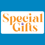 Special Gifts logo, featuring the words “Special Gifts” stacked in large orange lettering, with a small purple gift box replacing the dot above the “i” in “Gifts,” on a white background.