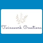 Twinework Creations logo, featuring a delicate beige botanical illustration of leafy branches above the name “Twinework Creations” in flowing blue-grey script, on a white background.