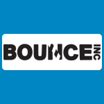Bounce Inc logo in bold black letters on white background with stripes across the letter N.