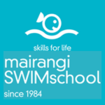 Mairangi Swim School logo with a smiling face above wave lines and the words “mairangi SWIMschool” and “skills for life since 1984” in white on a turquoise background.
