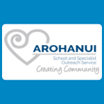 Arohanui logo with pale grey heart with spiral shape to the left of blue text reading “AROHANUI,” with smaller grey text underneath saying “School and Specialist Outreach Service” and the tagline “Creating Community” on a white background.