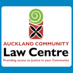 Auckland Community Law Centre logo with a green spiral above a red, black, and white woven-style motif, above the words “AUCKLAND COMMUNITY Law Centre” and the tagline “Providing access to Justice in your Community” on a white background.