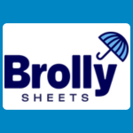 Brolly Sheets logo with bold blue text reading “Brolly” and smaller text reading “SHEETS,” with a blue umbrella icon on a white background.