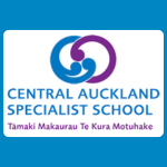 Central Auckland Specialist School logo with two interlocking circular/koru-like shapes in blue and purple above the words “CENTRAL AUCKLAND SPECIALIST SCHOOL” and smaller bilingual text underneath on a white background.