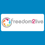 Freedom2live logo with multicoloured circular figures beside grey text reading “freedom2live” on a white background.