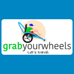 Grab Your Wheels logo with a stylised wheelchair user in bright colours beside green and blue text reading “grab your wheels,” with smaller script text saying “Let’s travel.”